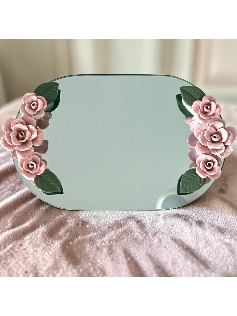 Vintage Pink Porcelain Rose Mirrored Vanity Tray Shabby Chic Cottagecore 13”